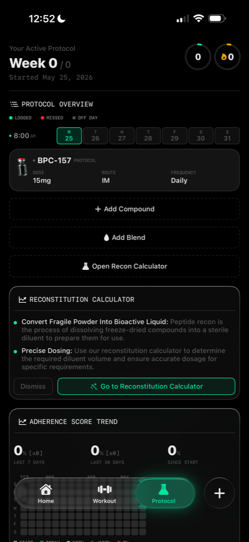 Active protocol screen with BPC-157 dose, route, and frequency